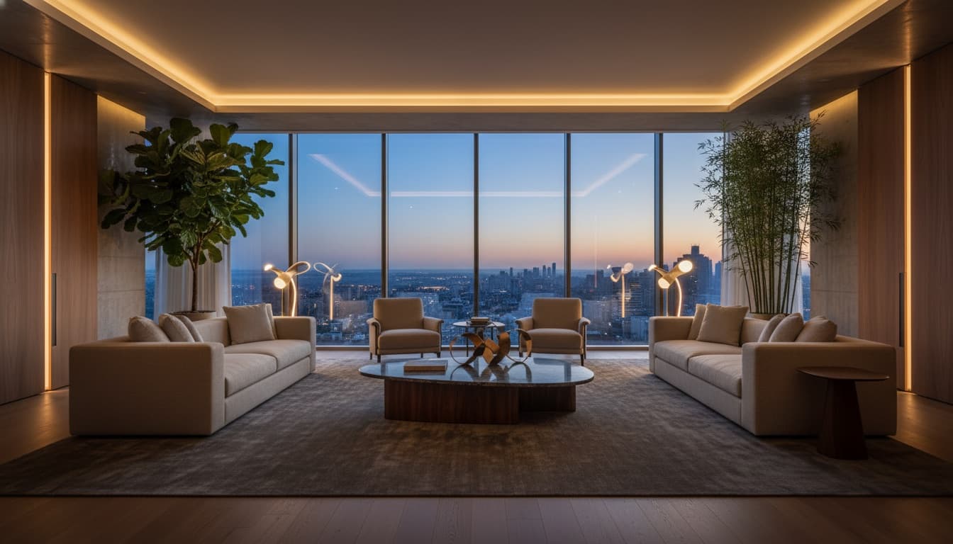 Luxury smart home living space at dusk